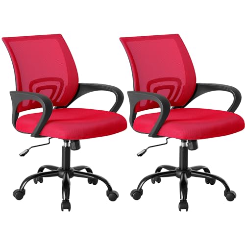 OLIXIS Office Desk Chair - Ergonomic Mid Back with Lumbar Support & Rocking Mode Height Adjustable with Fixed Armrest for Home Computer Gaming Conference Meeting Room 360 Swivel Red 2 Pack