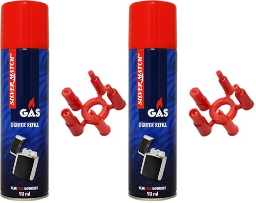 SILVER MATCH Recharge de Gaz 90 ML pour Briquet et Chalumeau de Cuisine, Gaz Butane Premium Pur, 5 Adaptateurs, Compatible Briquet Classique, Tempête,...