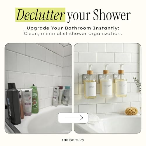 Image of Shampoo and Conditioner Dispenser Wall Mounted Set of 3 Clear Bamboo - No Drill Shower Soap Dispenser for Bathroom Refillable - Spa Hotel Style Accessories by MaisoNovo | 500 ml Shower Gel Dispenser Set of 3. Refillable Shampoo and Conditioner Bottles. Drill Free Secure Design. Clear Bamboo