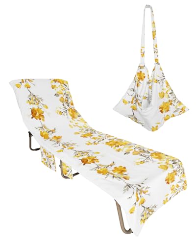 Yellow Grey Spring Floral Beach Lounge Chair Towel Cover, Soft Chaise Lounge Towel with Side Pockets Patio Pool Chairs Cover for Beach/Pool Sunbathing 29x85 Summer Botanical Pastoral Watercolor