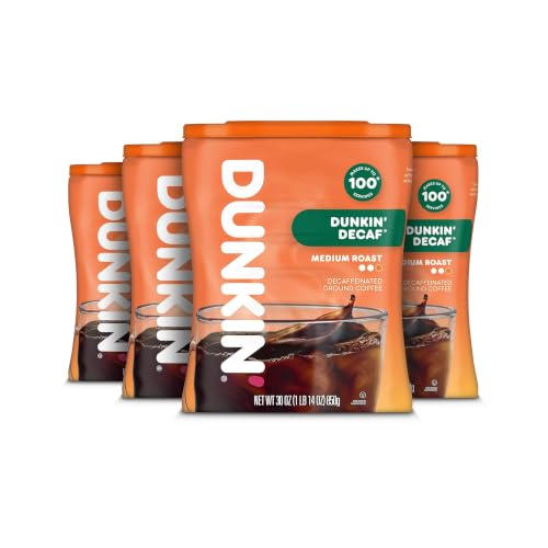 Dunkin’ Decaf Medium Roast Ground Coffee, 30 Oz. Canisters (Pack of 4)