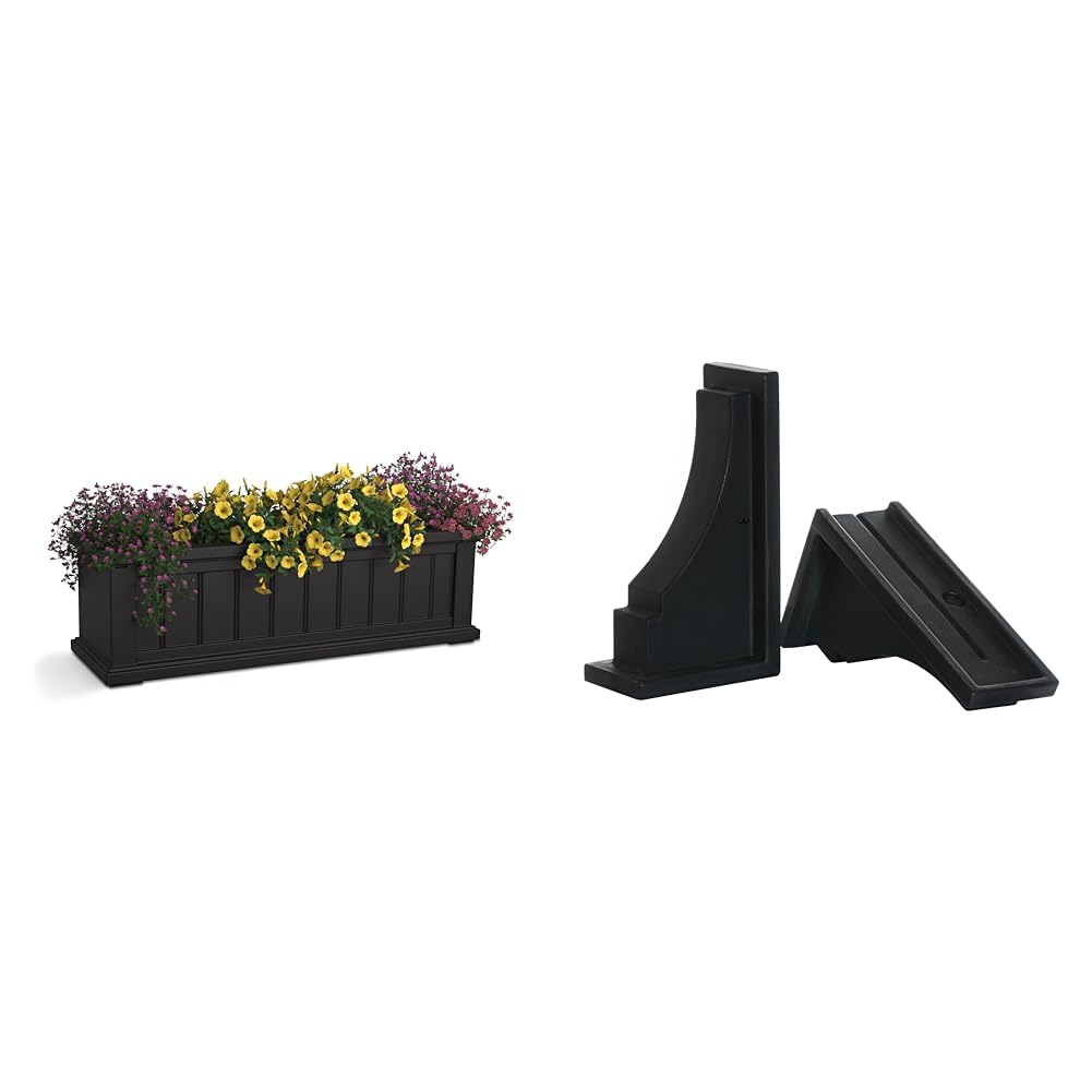 Mayne Cape Cod 3ft Black Window Box with 6.5 Gallon Reservoir, Fairfield Decorative Brackets 2-Pack for Window Boxes