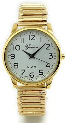 all4udeals Mens Ladies Large Face Easy Read Numbers Stretch Elastic Band Fashion Watch White Dial (Gold)