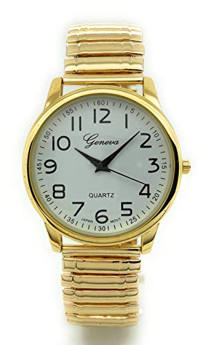 All4Udeals Mens Ladies Large Face Easy Read Numbers Stretch Elastic Band Fashion Watch White Dial (Gold) #TOP1