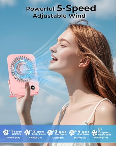 Image of ARCTICOOL Small Table Fan with LED Display, 2000mAh Battery Rechargeable Fan with 5 Speeds, 5.8 Inch Mini Desktop Fan with 180 Tilt Folding and Phone Stand for Home and Office (Light Pink)