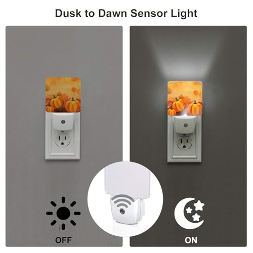 Image of Pumpkins Maple Leaf Thanksgiving Night Light Set of 2, Fall Sunflowers Auto Sensor LED Dusk-to-Dawn Nightlights, Plug-in Sensor Lamp for Bedroom Bathroom Decorative