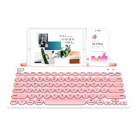 Multi-Device Bluetooth Keyboard,3 Bluetooth Channels Switchable, Built-in Stand Slot, Typewriter Style, 79-Key, Universal Compatible with Bluetooth-Enabled Laptop/iPhone/iPad/Android/iOS/Chrome(Pink) Cover
