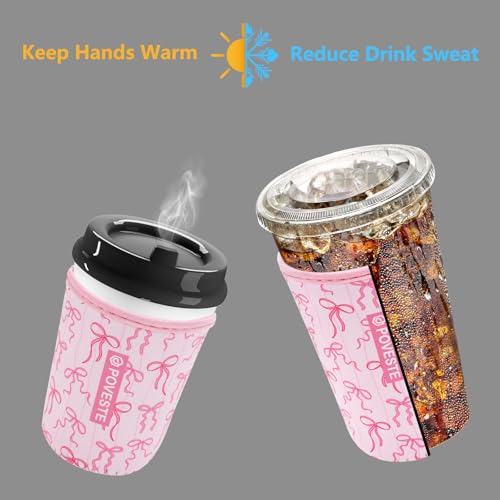 Image of Reusable Neoprene Insulator Sleeve for Iced Coffee & Cold Soda, Coffee Sleeves for Iced & Hot Drinks, Cold Beverage Cooler Compatible with Starbucks, Dunkin (Pink Bow Charm, Large: 32oz)