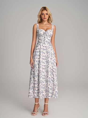 Image of KUTUMAI Floral Corset Midi Dresses for Women 2026 Lace Up Flowy Summer Wedding Guest Dress with Pockets