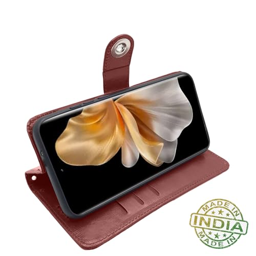 Image of Pikkme Vivo V30 Pro 5G Flip Cover Leather Finish | Inside TPU with Card Pockets | Wallet Stand and Shock Proof | Complete Protection Button Flip Case (Brown)