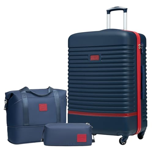 COOLIFE Koffer Set 3-TLG: Koffer Groß + Reisetasche | ABS Hartschale Leicht, 360° Räder & TSA-Schlösser Für Europa, Kreuzfahrt & Auslandsstudium – Familienurlaub Essentials Blau/Rot