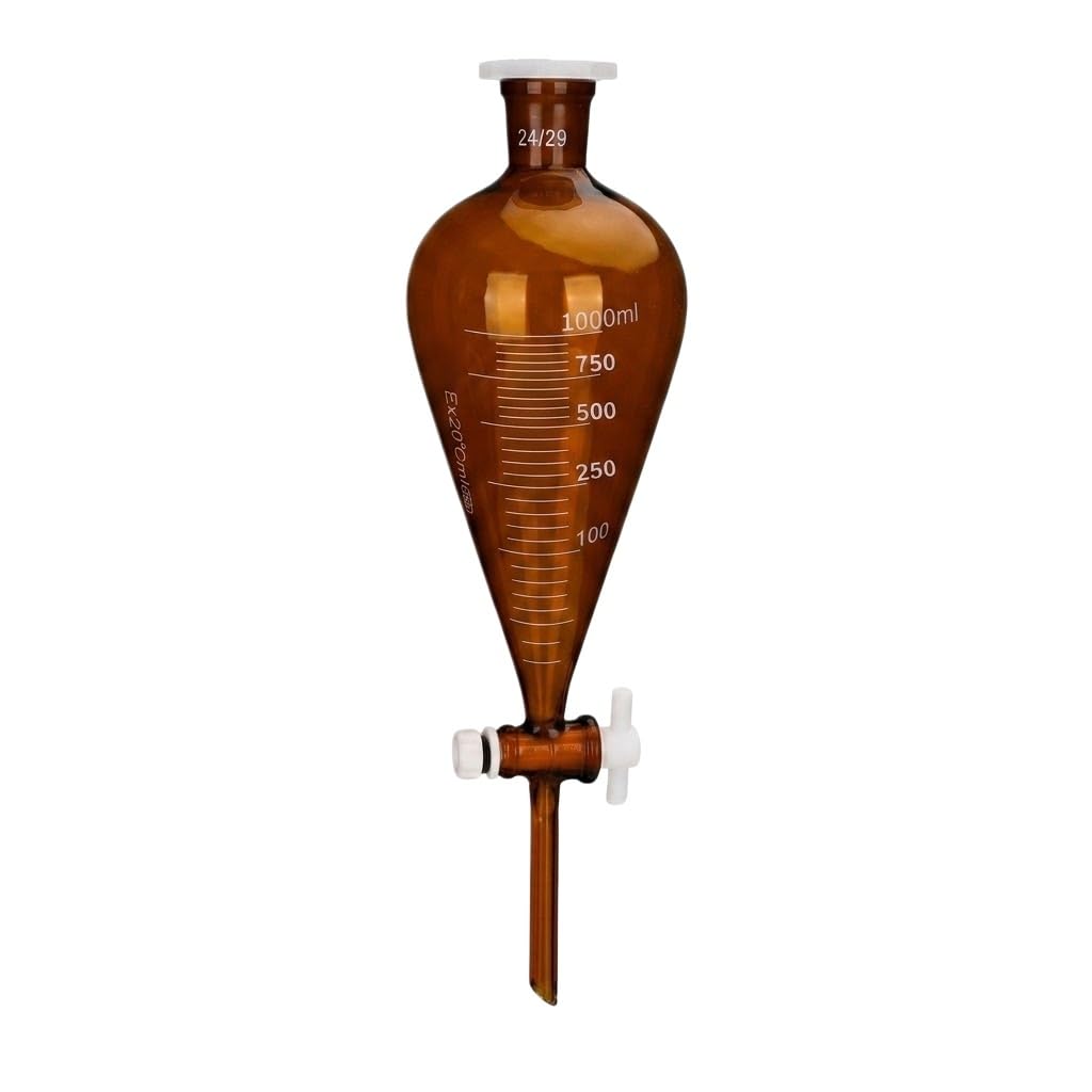 Embudo Decantación Ámbar Vidrio Borosilicato Llave PTFE Matraz Lab-1000ml 24/29