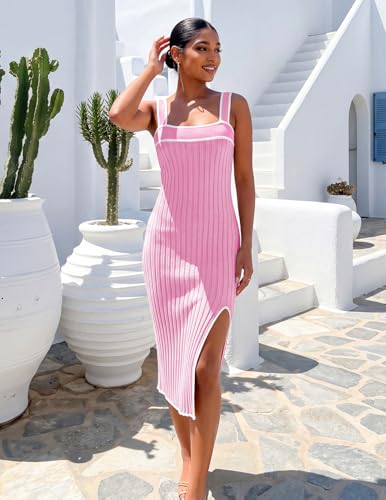 Image of MEROKEETY Womens Summer Striped Bodycon Ribbed Knit Midi Sweater Dress 2026 | Sleeveless Long Tank Dress, Soft, Stretchable, Maternity, Baby Shower, Gender Reveal, Bump Friendly, Beach, Vacation Outfit