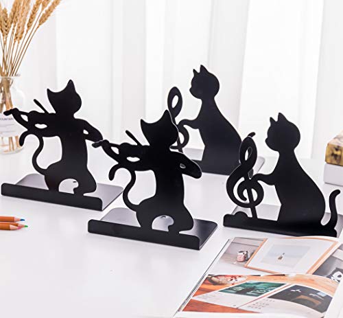 Hillento Non-Skid Bookends, Lazy Cat Playing Music Non Skid Thickening Iron Library School Office Home Study Metal Bookends, 1 Pair, Violin #TOP4
