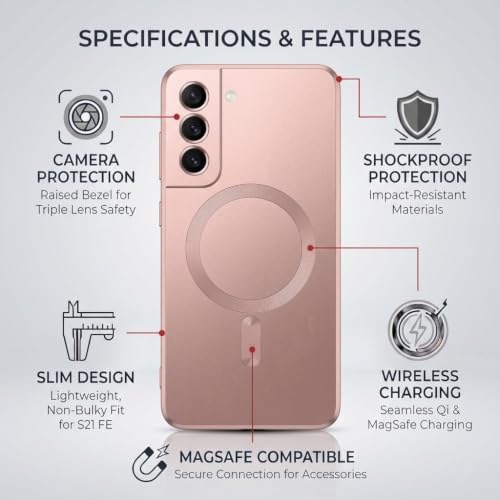 Image of amazon basics Premium Mag-Safe Case for Samsung Galaxy S21FE 5G | Shockproof & Anti-Scratch Cover | Soft Silicone with Wireless Charging | Camera Lens Guard - Rose Gold
