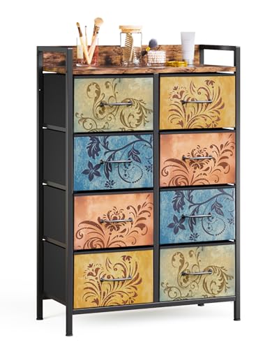 Mondeer Cómoda con 8 cajones de Tela con Estampados Florales Retro y asa Vintage, para Dormitorio, Sala de Estar, Entrada, Color marrón rústico