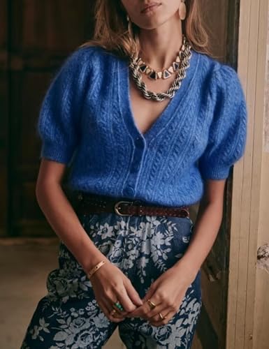 Bianstore Women's Puff Short Sleeve Sweater Casual V Neck Cardigan Tops Ribbed Knit Button Down Shirts2