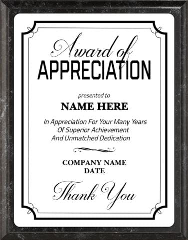 Crown Awards 7x9 Appreciation Predesigned Template Black Marbleized Plaque with White Metal Plate Prime