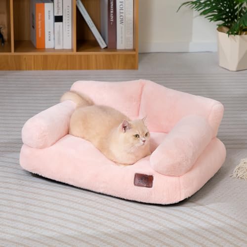 Hollypet Katzenbett Kleines Hundebett, Flauschiges Plüsch Katzensofa für Katzen und Welpen, Weiches Schlafsofa für Haustiere Atmungsaktives Haustierbett, Rosa