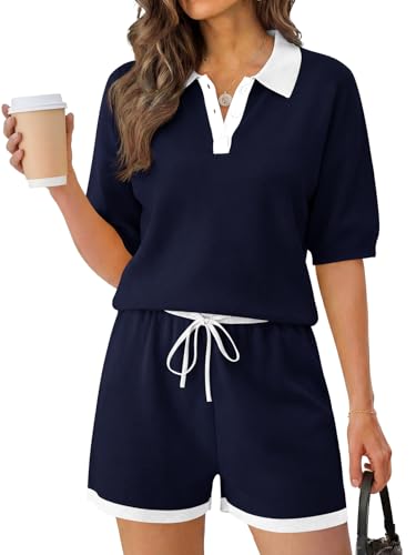 Image of Tankaneo Womens 2 Piece Short Sets Short Sleeve Knit Tops Vacation Outfits | Sweater Fabric, 2026 Summer, Collared, Matching Lounge Set