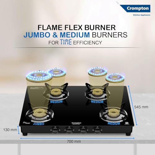 Crompton FlameStar Max 4 Burner Glass Top LPG Gas Stove | 1 Jumbo & 3 Medium Brass Burner | Max Space | Easy Cleaning | Toughened Glass| Tri Pin... - Image 5