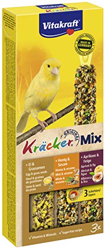 Vitakraft Kräcker Mix, friandises pour oiseaux, bâtonnets à l’œuf, graines d’herbe, abricot, figue, miel et sésame, soin du bec, sans sucre ajouté (1x 80g)