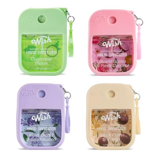 Wish Hand Sanitizer Spary Travel Size Spray 4-Piece 1.2 FL OZ (35ML) Each, Black Plum vanilla, Violet orchid sandalwood, Sweet Guava Fresh Coconut, Cucumber Melon, Hydrating and Moisturizing,(4 pack)