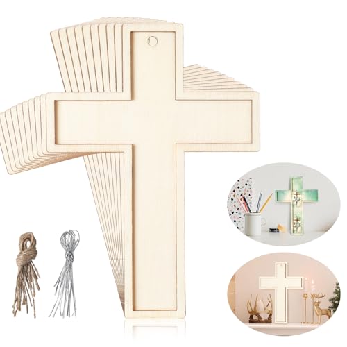 Beeveer 24 Pcs Unfinished Wooden Crosses for Crafts Unpainted Large Blank Wooden Layered Cross for Sunday School Crafts DIY Easter Projects Church Home Wall Decoration with String (5 x 3.62 Inch)
