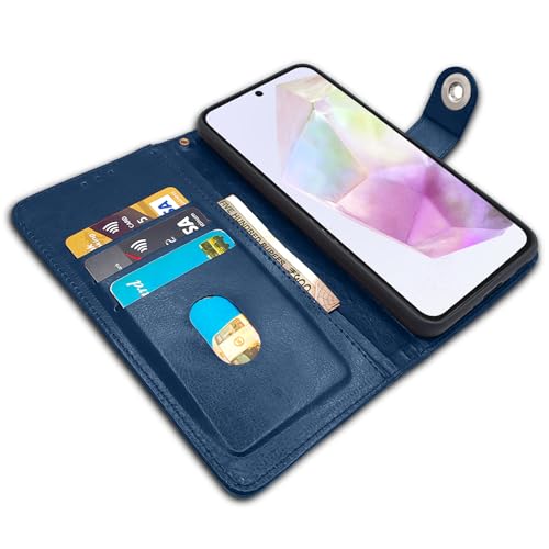 Image of Pikkme Samsung Galaxy A35 5G Flip Cover Leather Finish | Inside TPU with Card Pockets | Wallet Stand and Shock Proof | Complete Protection Button Flip Case (Blue)