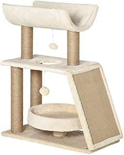 PawHut Cat Tree for Indoor Cats with Scratching Posts Pad, Kitten Tower with Bed Perch Ball Toy, 60 x 30 x 76 cm, Light Brown