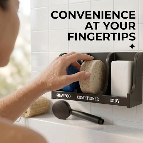 Image of Soap Holder for Shower Wall, 3-Compartment Soap Dish [Patent Pending] | For Shampoo, Conditioner and Body Soap, Fast Draining & Rust-Proof, Strong Adhesive for Long-Term Bathroom Use & Freestanding