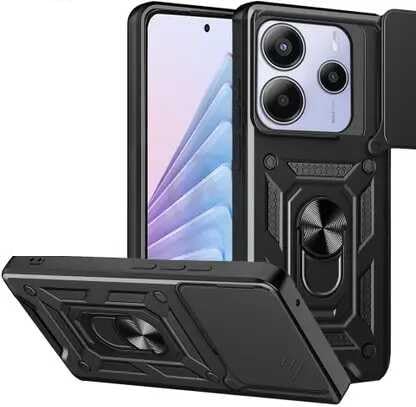 Image of SPAZY CASE Redmi Note 14 SE 5G Back Cover | Heavy Duty Hybrid Case with 360 Degree Rotating Finger Ring Holder + Slider Shutter Camera Protection Case for Redmi Note 14 SE 5G - Black