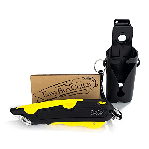 Modern Box Cutter, Extra Tape Cutter At Back, Dual Side Edge Guide, 3 Blade Depth Setting, 2 Blades And Holster - Yellow Color 2000N #TOP1