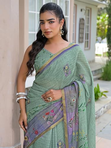 Image of SIRIL Women's Cotton Linen Printed Zari Border Saree with Unstitched Blouse Piece