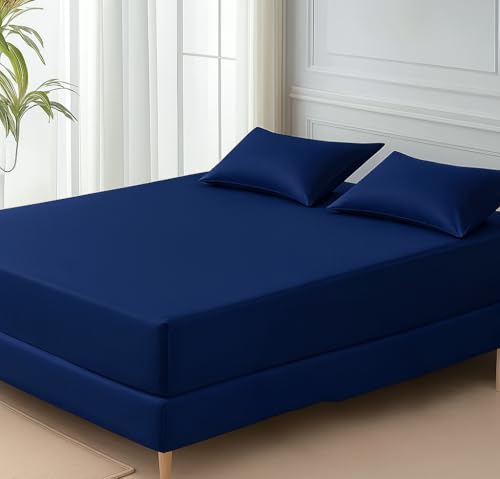 Image of 600 TC 100% Egyptian Cotton Fitted Sheet for Single Bed Size Fitted Bed Sheet with Pillow Cover for Bedroom, Soft Hotel Quality Size - 36 x78+12 Navy Pillow Cover Size -18 x 28 Inch