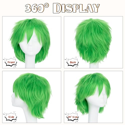 Image of S-noilite Unisex Short Cosplay Wig Women Men Fluffy Straight Anime Comic Hairstyle Halloween Party Costume Dress Synthetic Hair Pixie Wigs Green
