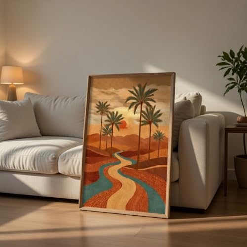 Image of SAF Desert Sunset Palm Tree Wall Art with Wooden Frame | Aesthetic Landscape Painting with River & Sunset | HD UV Laminated Print on MDF for Living Room Bedroom Office Decor 13.5 x 19.5 Inch