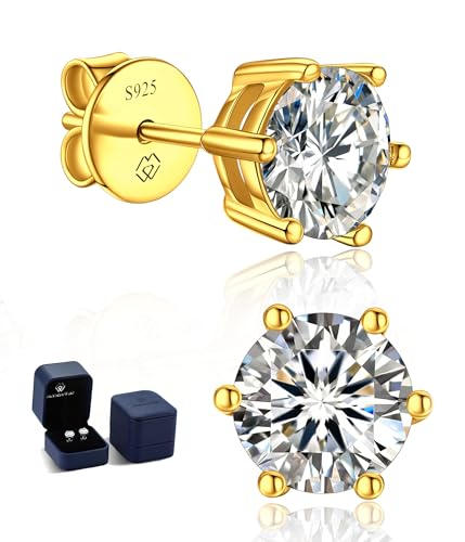 MomentWish 14K Gold Plated Stud Earrings, Birthday Gifts for Women, 1-2Carat Moissanite Earrings, Lab Created Diamond Earrings, Yellow/Rose Gold Plated 925 Sterling Silver Earrings Women Men