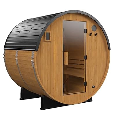 Backyard Discovery Paxton 2-4 Person Traditional Cedar Outdoor Barrel Sauna with Electric Sauna Heater, Glass Door, Sauna Rocks, Dry Heat, Steam Sauna, LED Lights, Wi-Fi Panel, Sauna Accessories
