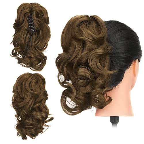 Gairyan 12" Clip in Ponytail Hair Extensions Curly Ponytail Extension Claw on Pony tails Wavy Synthetic Hairpieces for Women Real Look Short Wave (Ash Brown)