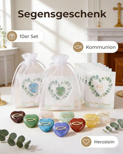 Kleine Geschenke für Kommunion Junge Mädchen, 10er Herz Glückssteine mit Fisch für Kinder mit Kommunion Karte und Organza Beutel, Mitgebsel Kommunion Gastgeschenke, Tischdeko Kommunion Deko