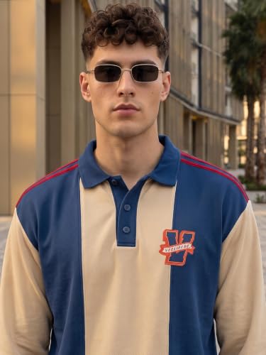 Image of Veirdo Men's Loopknit Cotton Oversized Baggy Fit | Full Sleeve Polo T-Shirt | Casual Streetwear with Ribbed Cuffs Travel | Sizes: S to XXL