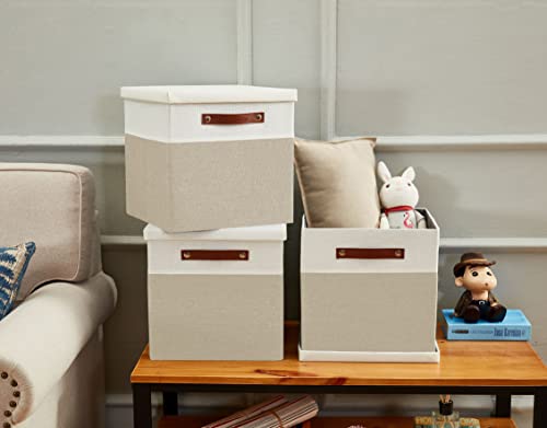 Image of DECOMOMO Foldable Storage Bin | Collapsible Sturdy Cationic Fabric Storage Basket Cube W /Handles for Organizing Shelf Nursery Home Closet (Beige & White, Cube with Lid - 11 x 11 x 11-3 Pack)