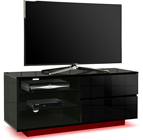 Centurion Supports Gallus Premium Noir brillant avec 2 tiroirs et 3 étagères 26"-55" Meuble TV LED/OLED/LCD avec lumières LED Cover