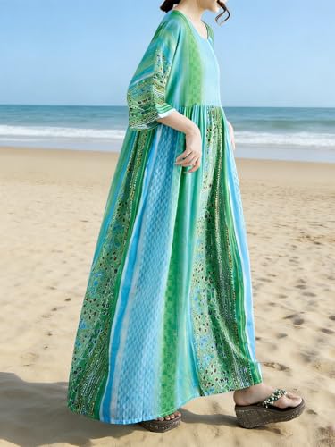 Image of Women Summer Dress with Pockets Plus Size Boho Floral Print Round Neck Loose Casual Flowy Dress