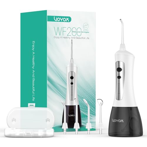 VOYOR Irrigador Bucal Portátil, Irrigador Dental Profesional Recargable con Múltiples Modos, Impermeable IPX7 Bucales Oral con 4 Boquillas para Viaje y el Uso diario WF200 (Gris)