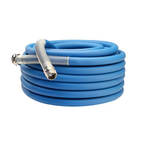 Image of Guitrees 2026 Upgraded Garden Hose 75FT x 5 /8 inch, Heavy Duty Rubber Water Hose with Five Layered Braiding, Swivel male and female Nickel-plated Brass Fittings, 1000PSI Burst, 300PSI Working (Blue)