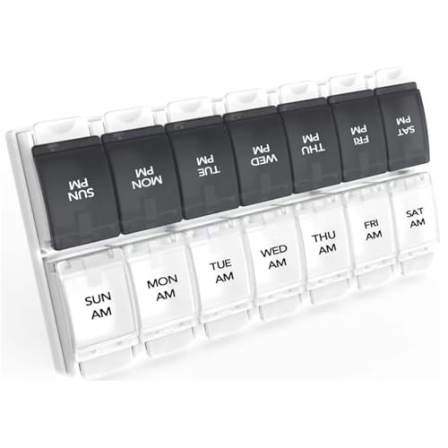 Image of Sukuos AM PM Weekly 7 Day Pill Organizer, 2 Times A Day Pill Box with Arthritis Friendly Push Button, Medicine Cases for Vitamin /Fish Oil /Supplements, Easy to Clean (Black&White)