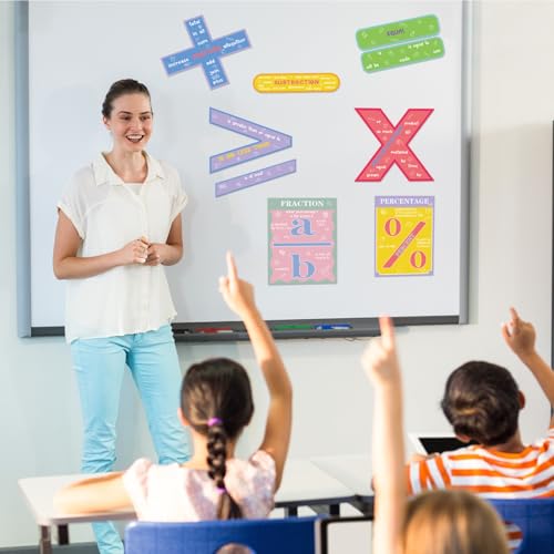 Image of Geyoga 15 Pcs Educational Math Posters Set for Elementary Mathematics Classroom Symbol Addition Subtraction Multiplication Division Fractions, Percentages Back to School for Ages 3-10(Rainbow)