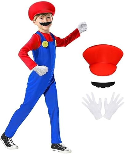 AOOWU Disfraz de Mario Niño, Mario y Luigi Cosplay Disfraz, Super Disfraz de Mario con Gorra, Barba y Guantes, Disfraz Mario y Luigi para Niños, para Halloween Carnaval Cosplay